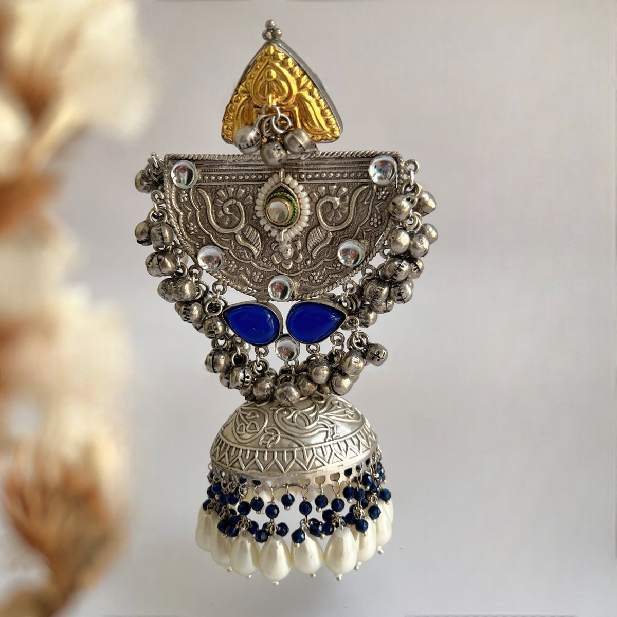 ÉLIRA SILVER LOOK ALIKE HAND HAMMERED DUAL TONED JUMBO JHUMKA ER558