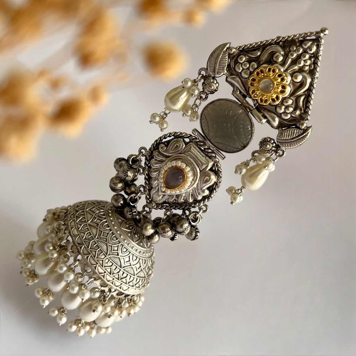 KRITHI SILVER LOOK ALIKE DUAL-TONED SILVER POLISH HANDMADE JUMBO JHUMKA ER572