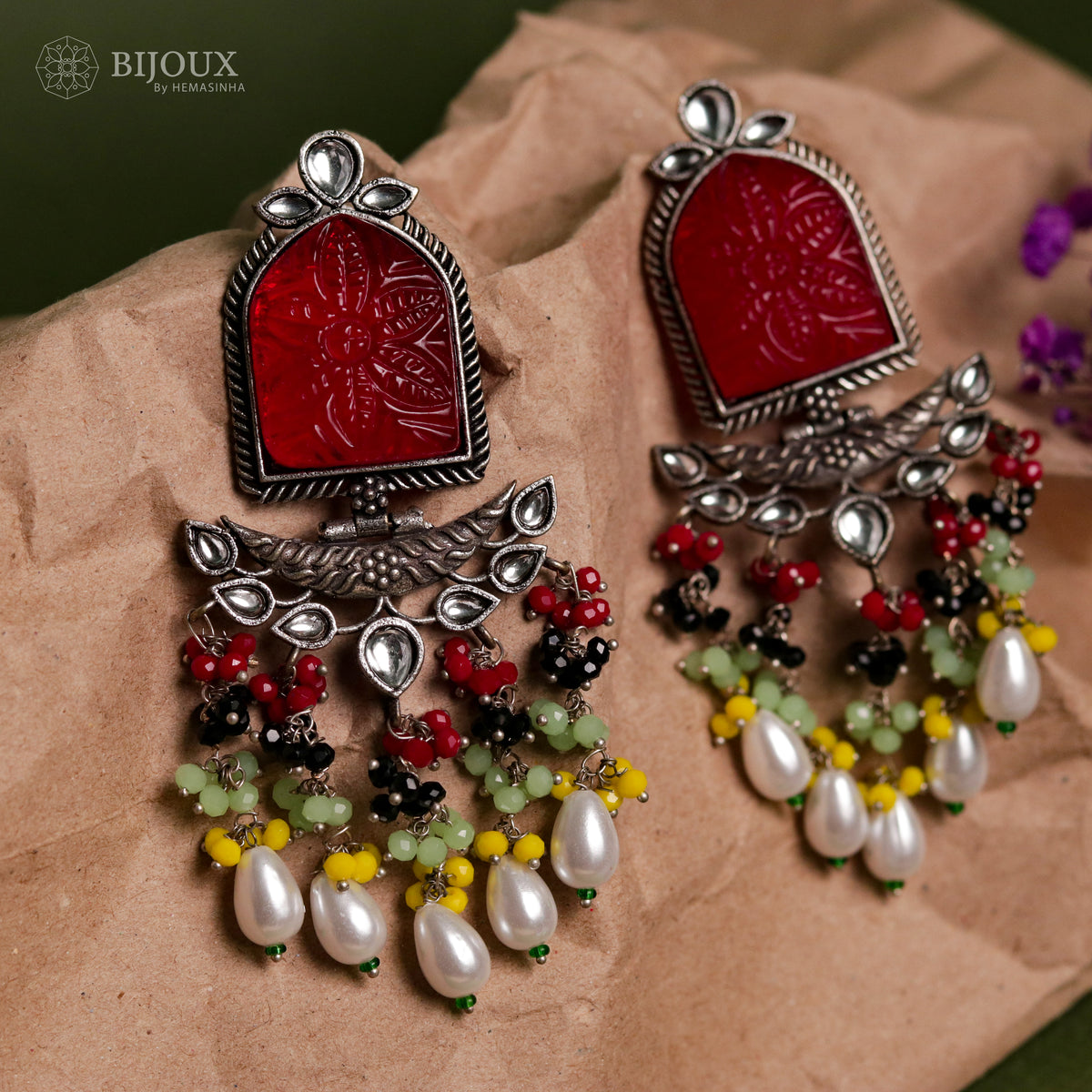 BEADED ENCHANTED CARVING SEMI-HANDMADE STONE EARRINGS ER30