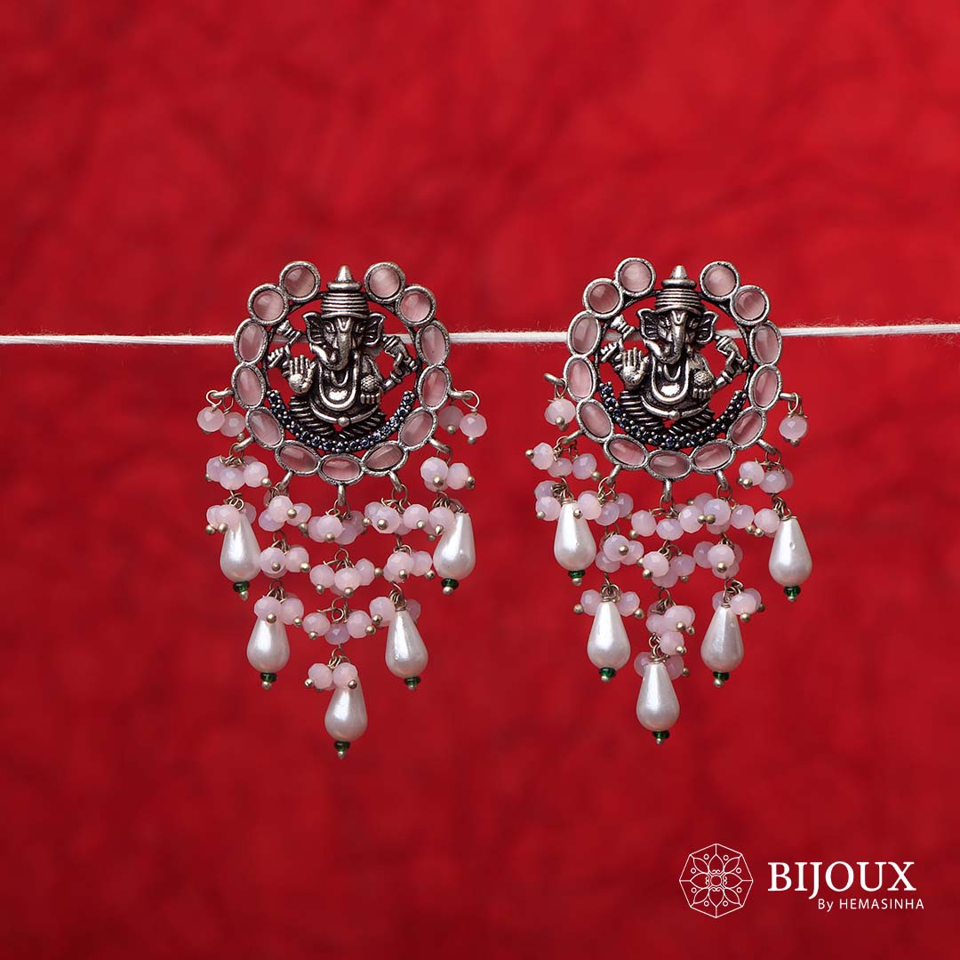 GANPATHI PAPPA OXIDIZED MONALISA STONE TEMPLE EARRING ER139