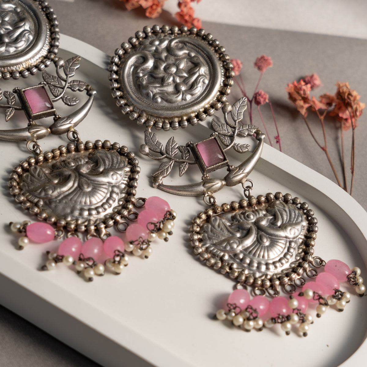 DEVANSHI FAUX SILVER ANTIQUE SEMI HANDMADE EARRINGS ER755