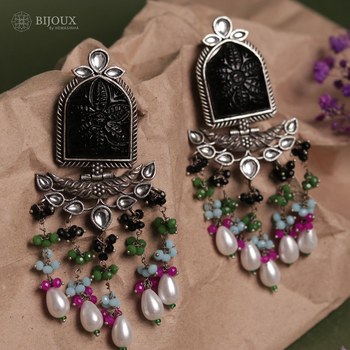 BEADED ENCHANTED CARVING SEMI-HANDMADE STONE EARRINGS ER30