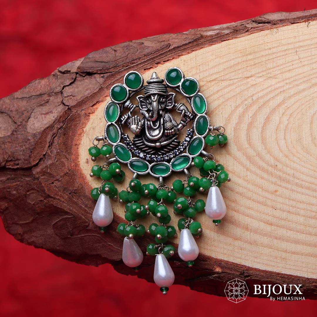 GANPATHI PAPPA OXIDIZED MONALISA STONE TEMPLE EARRING ER139