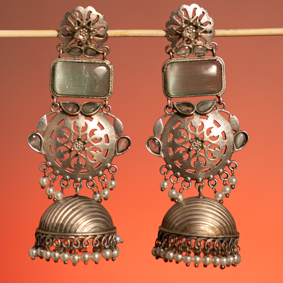 CHAKORI FAUX SILVER ANTIQUE SEMI HANDMADE  EARRINGS/JHUMKAS ER749