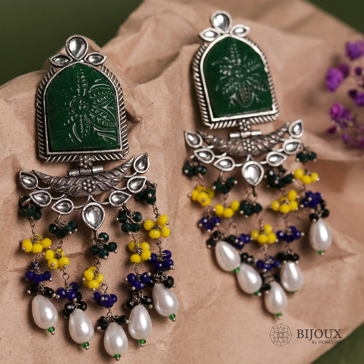 BEADED ENCHANTED CARVING SEMI-HANDMADE STONE EARRINGS ER30