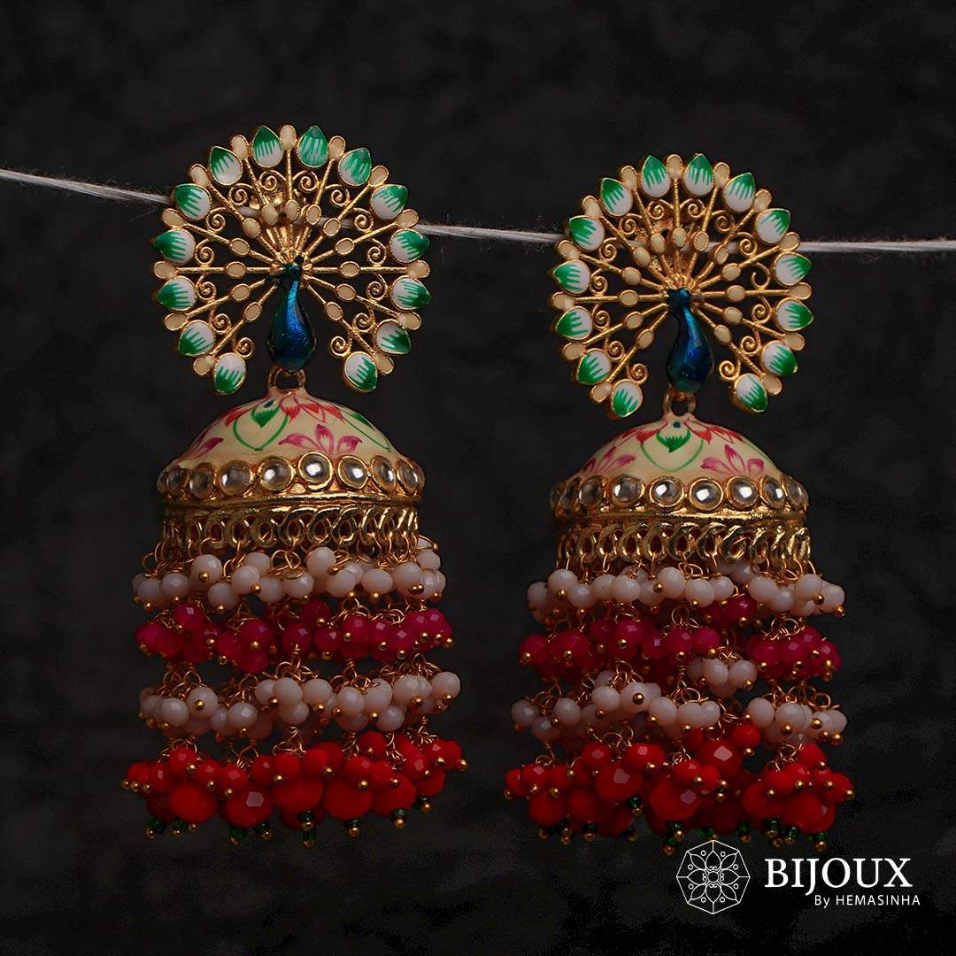 MIRA GOLD TONE SEMI HANDMADE MEENAKARI EARRINGS/JHUMKAS ER603