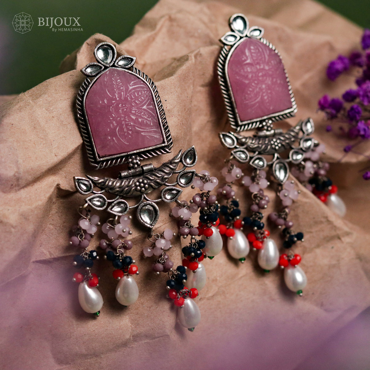 BEADED ENCHANTED CARVING SEMI-HANDMADE STONE EARRINGS ER30