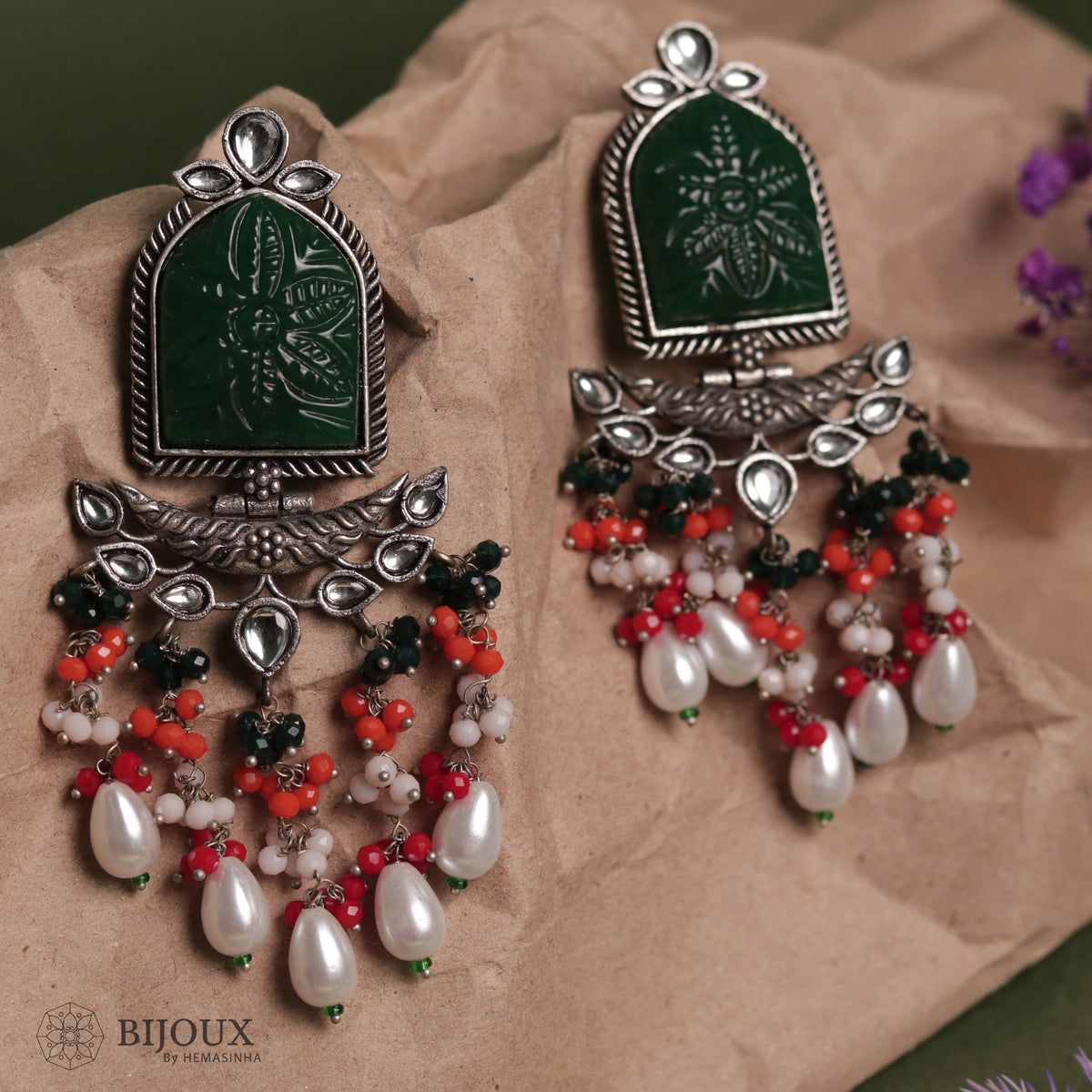 BEADED ENCHANTED CARVING SEMI-HANDMADE STONE EARRINGS ER30