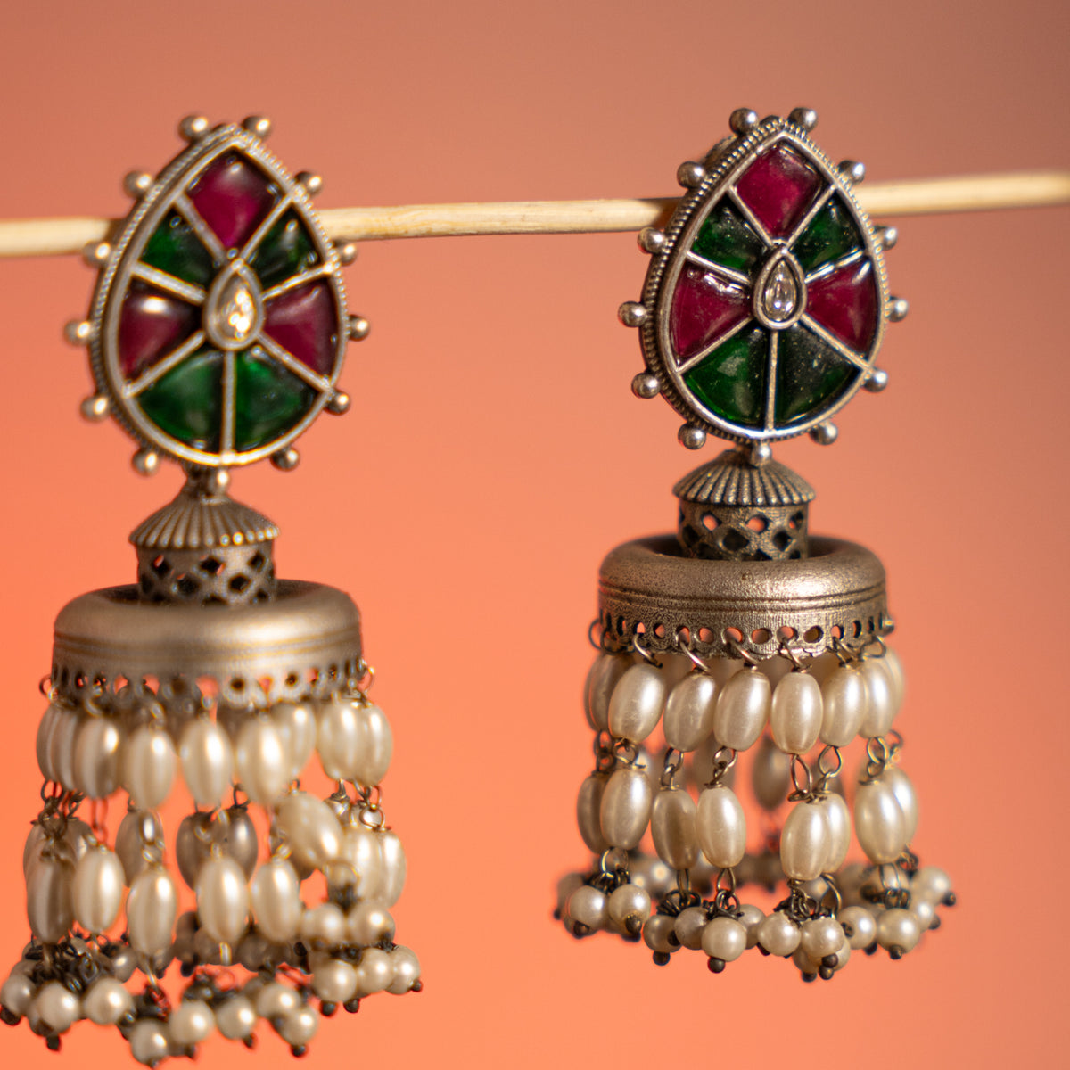 DAMINI FAUX SILVER ANTIQUE SEMI HANDMADE  EARRINGS/JHUMKAS ER753