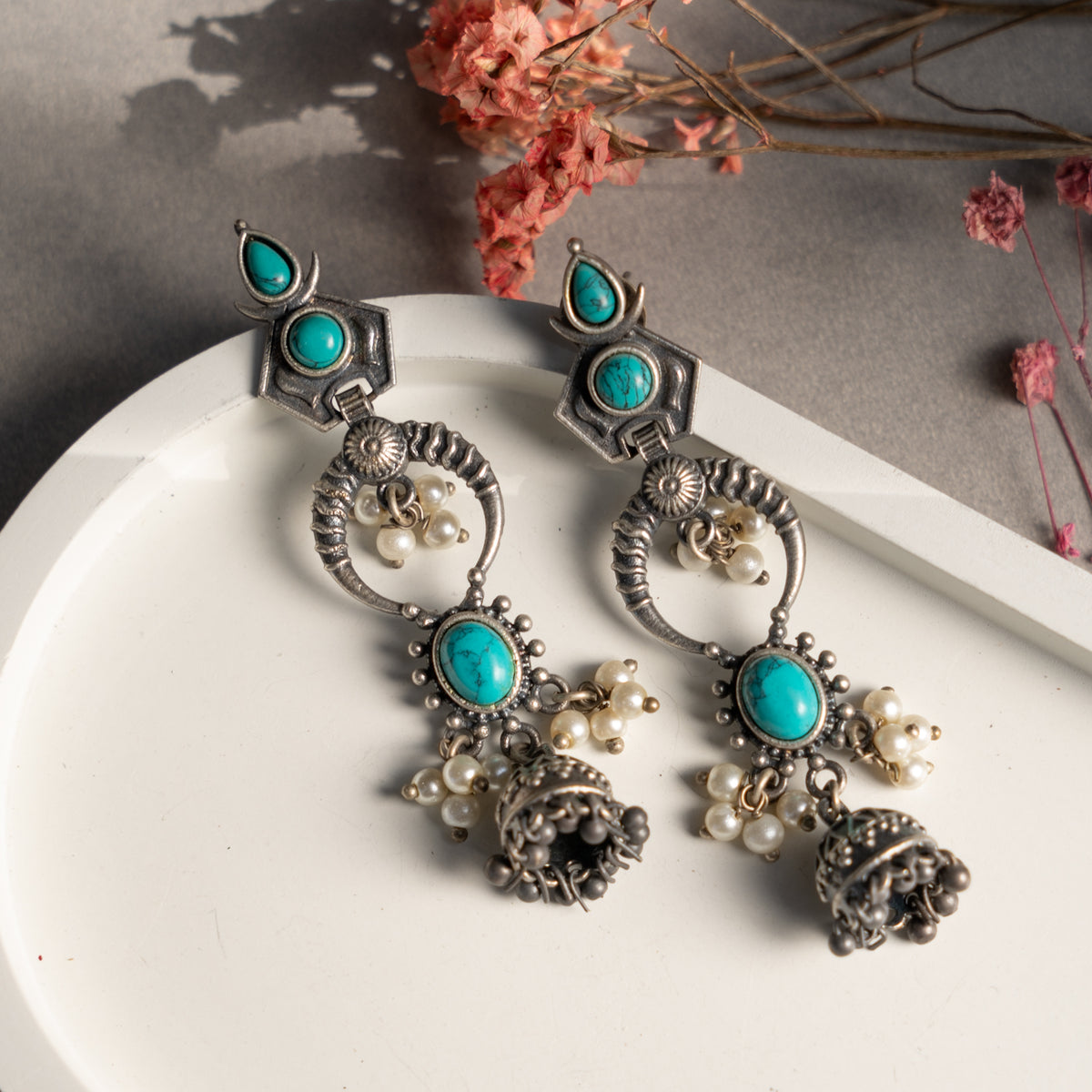 ELECTRA FAUX SILVER ANTIQUE HANDMADE MONALISA STONE EARRINGS ER793