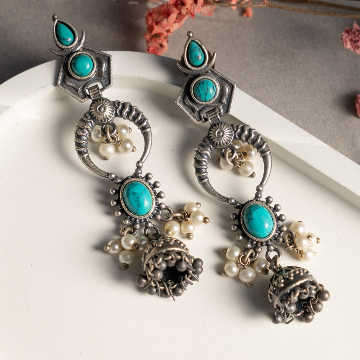 ELECTRA FAUX SILVER ANTIQUE HANDMADE MONALISA STONE EARRINGS ER793