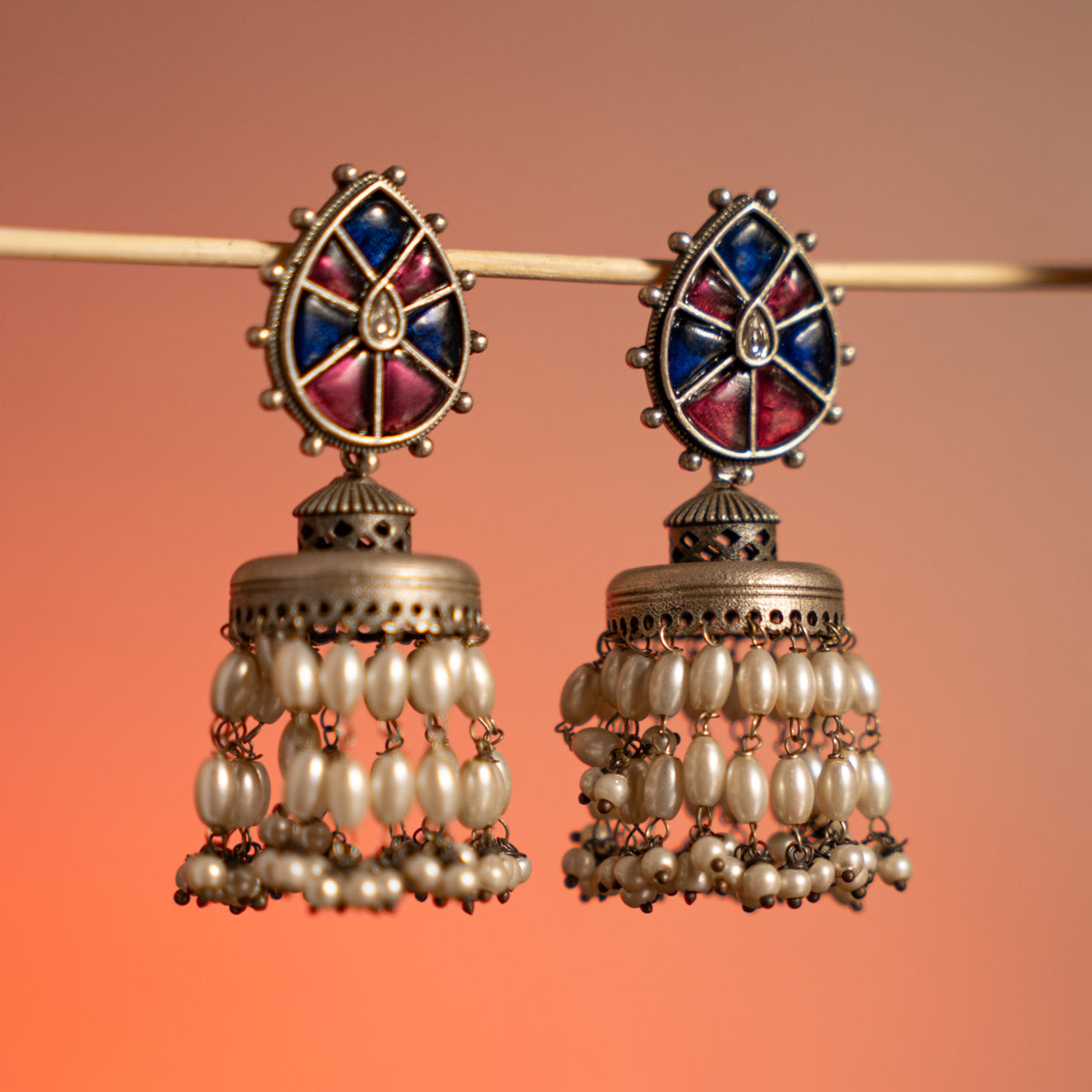 DAMINI FAUX SILVER ANTIQUE SEMI HANDMADE  EARRINGS/JHUMKAS ER753