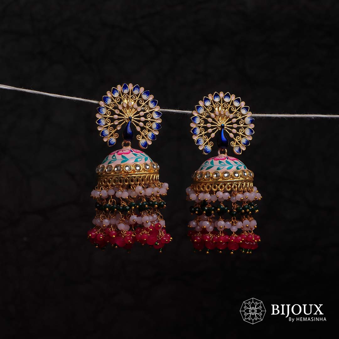 MIRA GOLD TONE SEMI HANDMADE MEENAKARI EARRINGS/JHUMKAS ER603