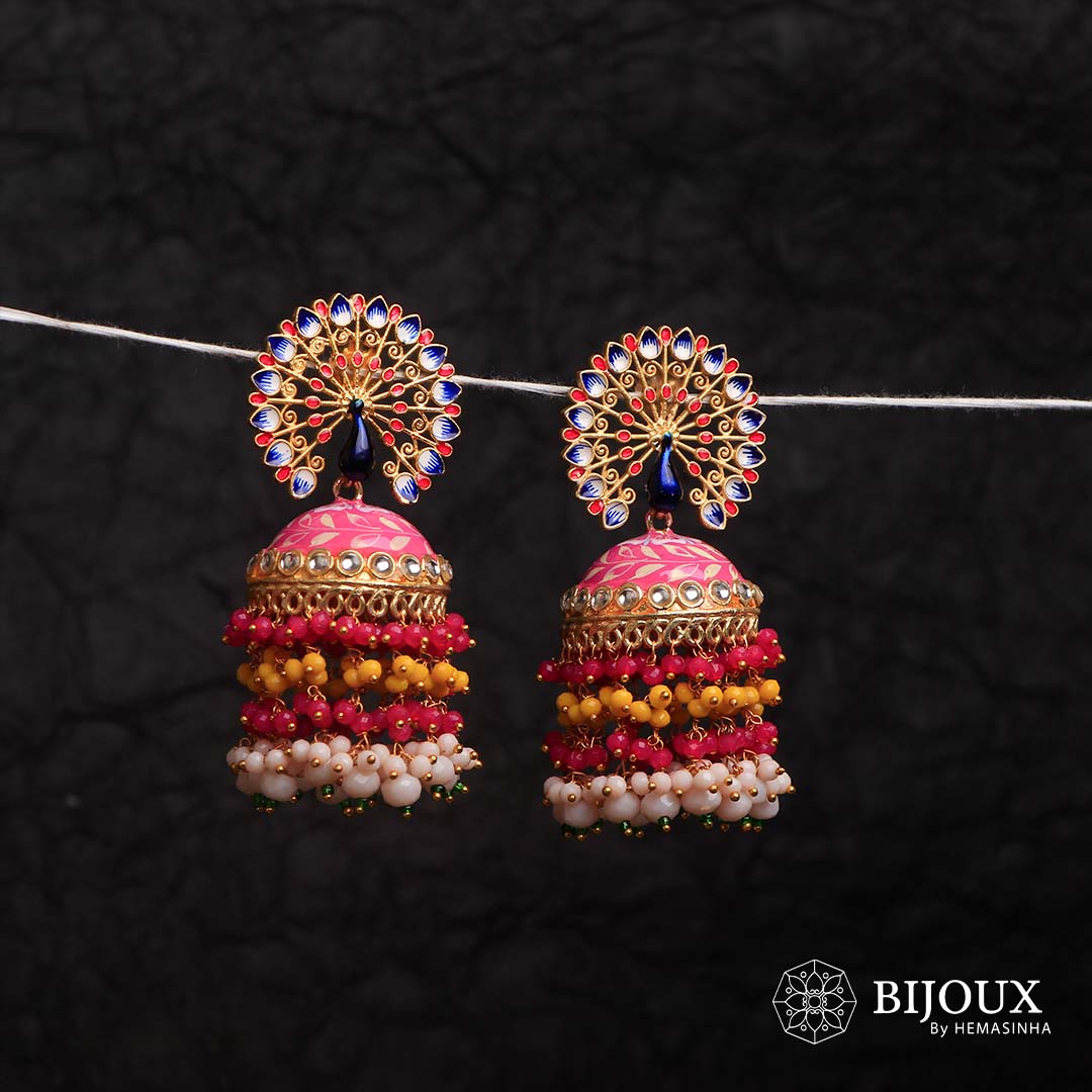 MIRA GOLD TONE SEMI HANDMADE MEENAKARI EARRINGS/JHUMKAS ER603