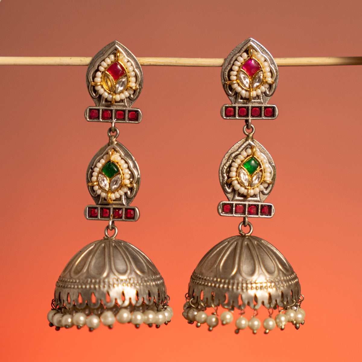 DAKSHA FAUX SILVER ANTIQUE SEMI HANDMADE EARRINGS/JHUMKAS ER752