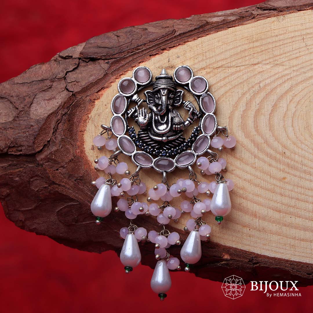 GANPATHI PAPPA OXIDIZED MONALISA STONE TEMPLE EARRING ER139