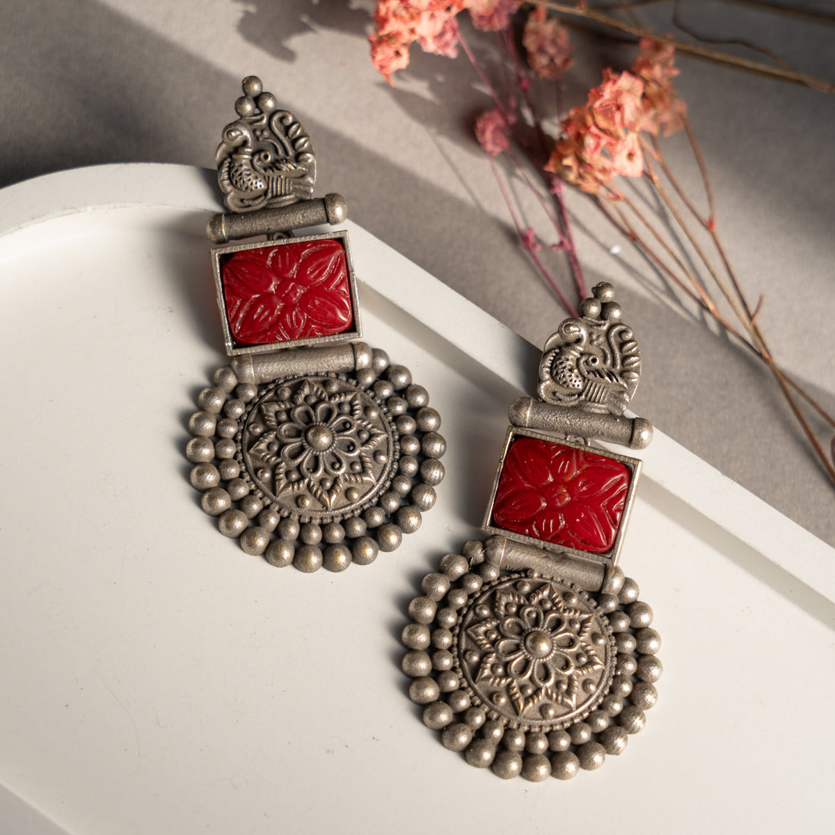 STOEM FAUX SILVER ANTIQUE SEMI HANDMADE EARRINGS ER788