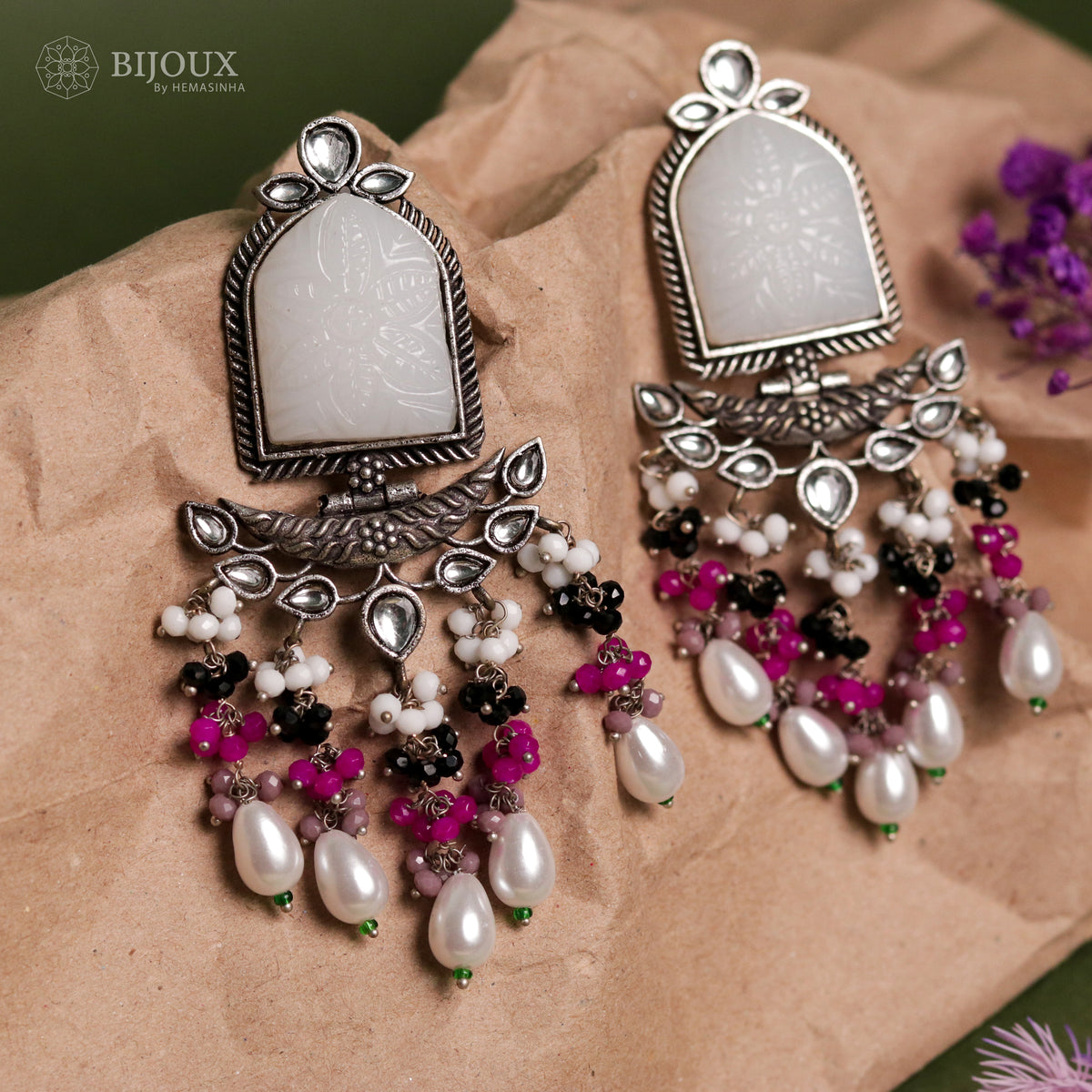 BEADED ENCHANTED CARVING SEMI-HANDMADE STONE EARRINGS ER30