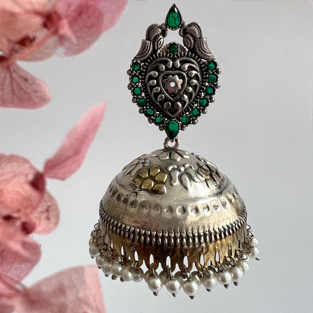 OLIVIA SILVER LOOK ALIKE DUAL-TONED PREMIUM POLISH HANDMADE JHUMKA ER236
