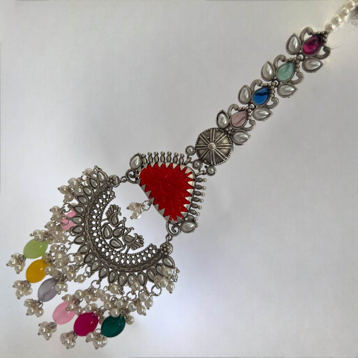 TEJA SEMIHANDMADE BEADED OXIDIZED DANGLER EARRING WITH EAR CHAIN ER570