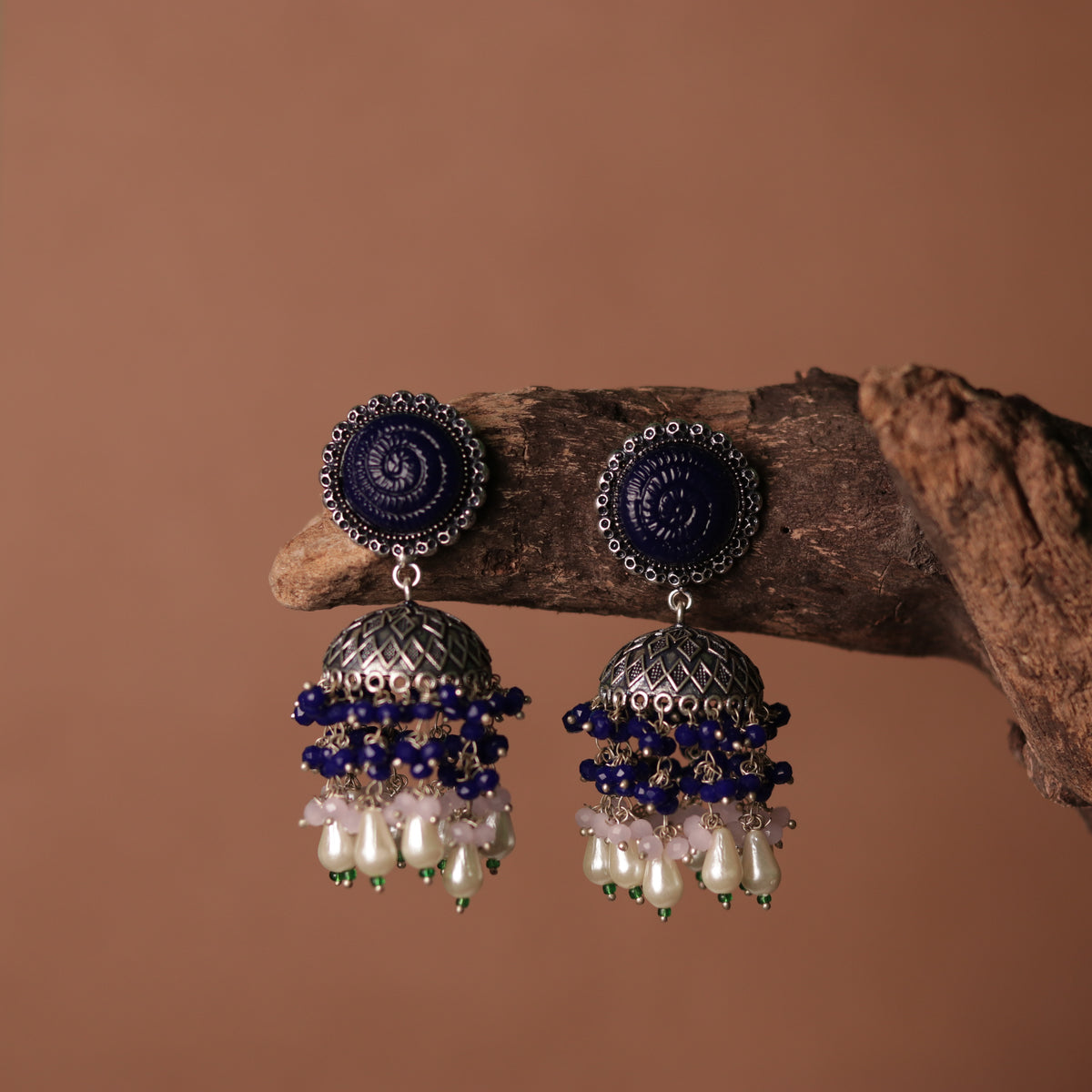 SPIRAL CARVING STONE SEMI HANDMADE BEADED JHUMKAS-ER113