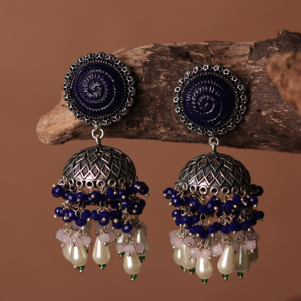 SPIRAL CARVING STONE SEMI HANDMADE BEADED JHUMKAS-ER113