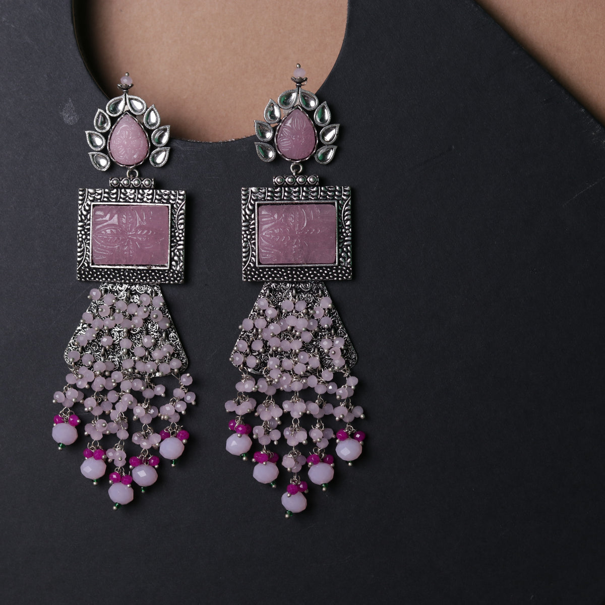 PLUME BEADED LONG FEATHER SEMI HANDMADE EARRINGS-ER115