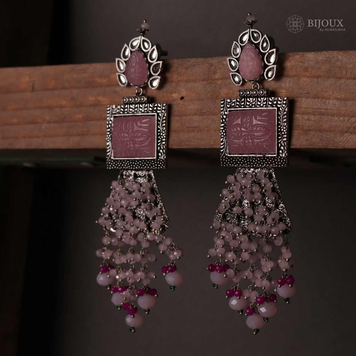 PLUME BEADED LONG FEATHER SEMI HANDMADE EARRINGS-ER115