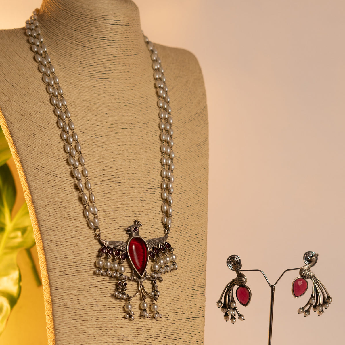 RISHIKA HANDMADE RAW AND RUSTIC FAUX SILVER DUAL TONE ANTIQUE MALA WITH EARRINGS ML189