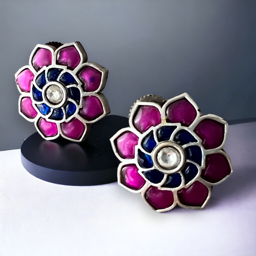 AZURE BLOSSOMS SILVER LOOK ALIKE SEMI HANDMADE STUDS ER518