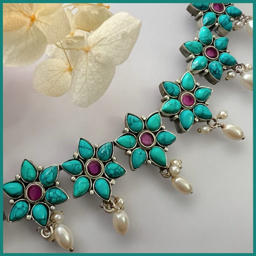 LYCARA FAUX SILVER PREMIUM SEMI HANDMADE NECKLACE WITH EARRINGS NL131