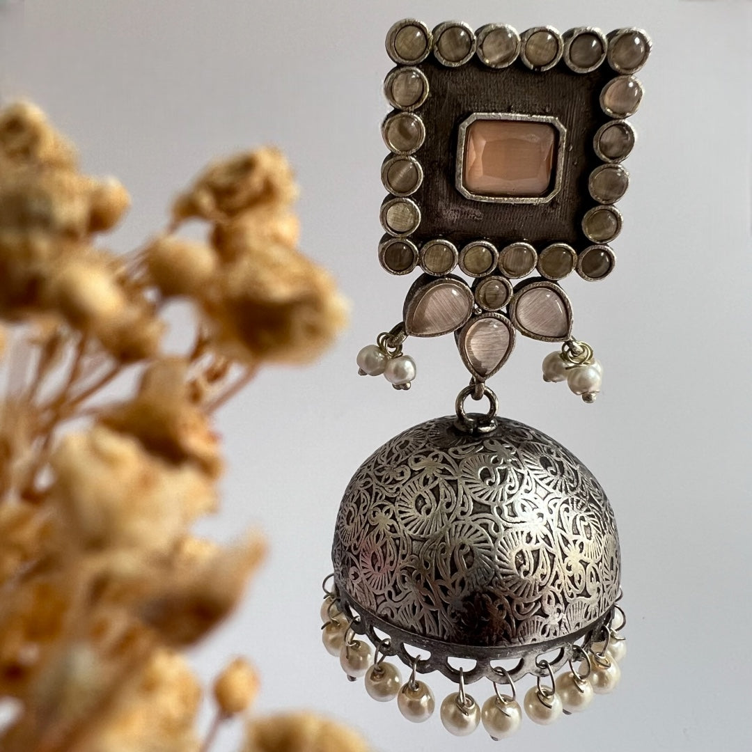 ROYAL SQUARE ELEGANCE FAUX SILVER SEMI-HANDMADE JHUMKAS ER36