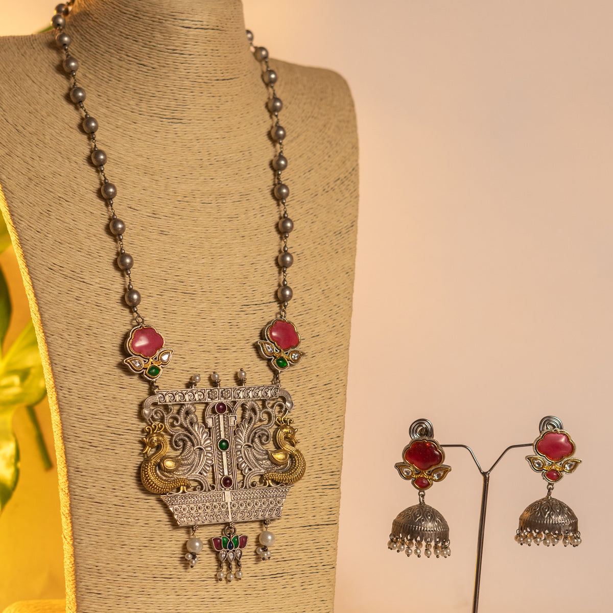 LILY HANDMADE RAW AND RUSTIC FAUX ANTIQUE DUAL TONE MALA WITH EARRINGS ML191