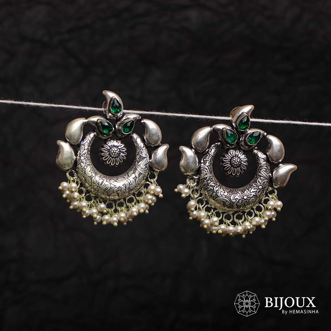 SERENITY  CARVED CIRCLETS SEMI HANDMADE BEADED OXIDIZED EARRING ER131