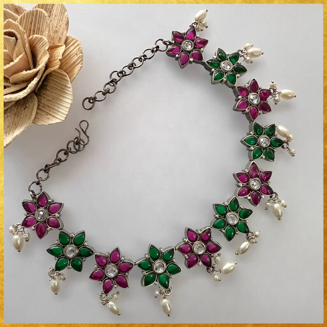 LYCARA FAUX SILVER PREMIUM SEMI HANDMADE NECKLACE WITH EARRINGS NL131