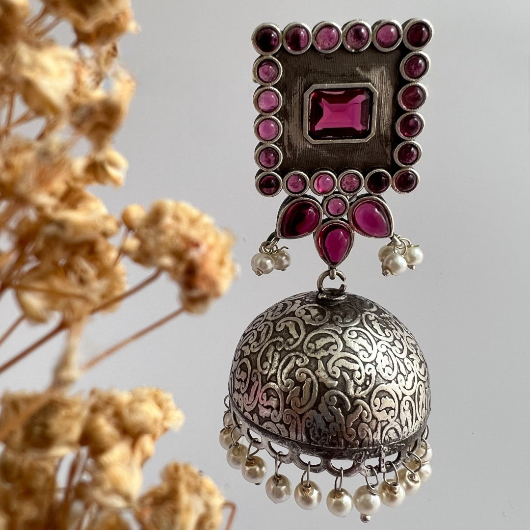 ROYAL SQUARE ELEGANCE FAUX SILVER SEMI-HANDMADE JHUMKAS ER36