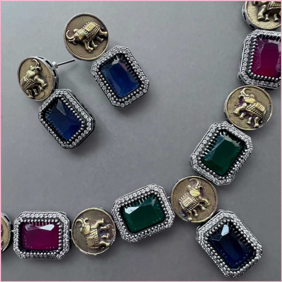 RENALKA FAUX SILVER BIJOUX PREMIUM AND EXCLUSIVE SEMI HANDMADE DUAL TONED NECKLACE WITH EARRINGS NL137