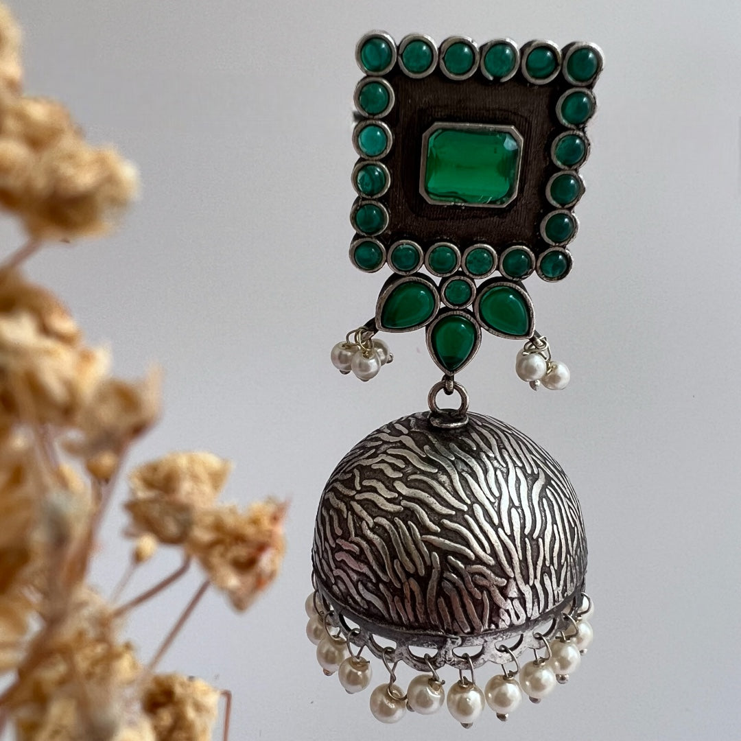 ROYAL SQUARE ELEGANCE FAUX SILVER SEMI-HANDMADE JHUMKAS ER36