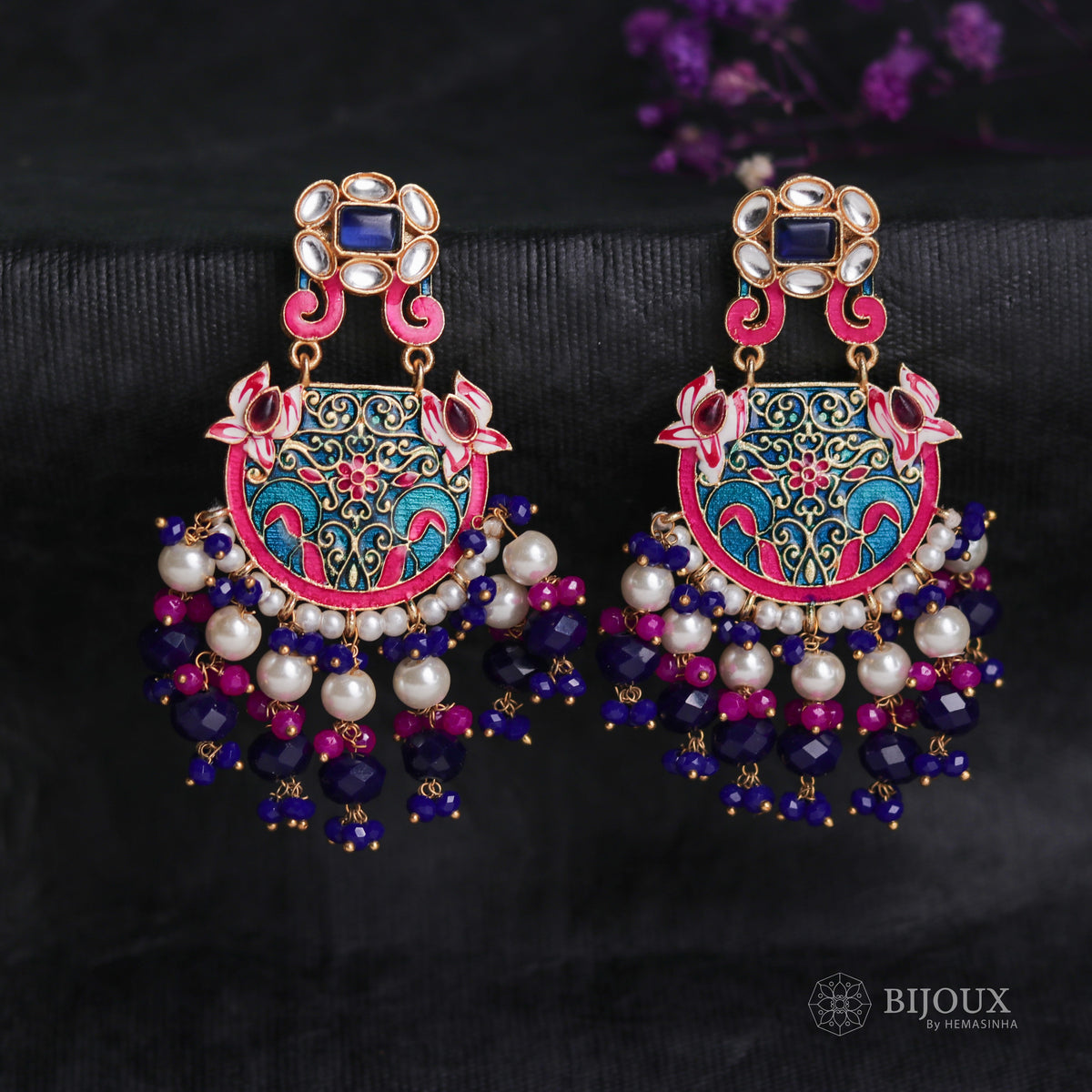 VIBRANT STROKE MEENAKARI SEMI-HANDMADE & HANDPAINTED GOLD TONED EARRING ER42