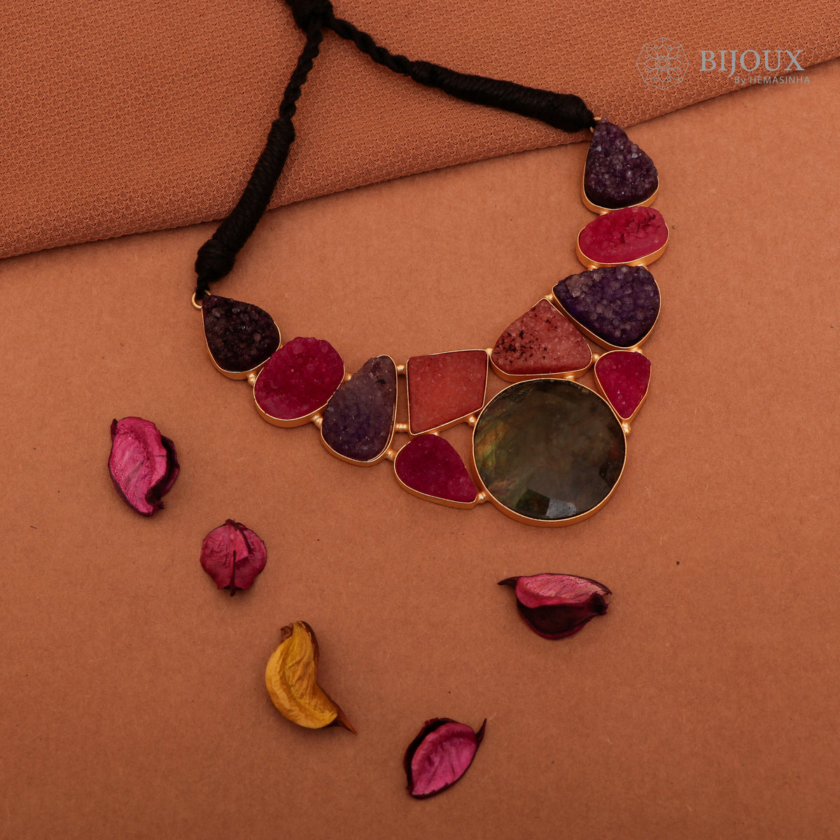 NIRAVYA RAW STONE HANDMADE GOLD TONED RUSTIC FINISH NECKLACE NL88