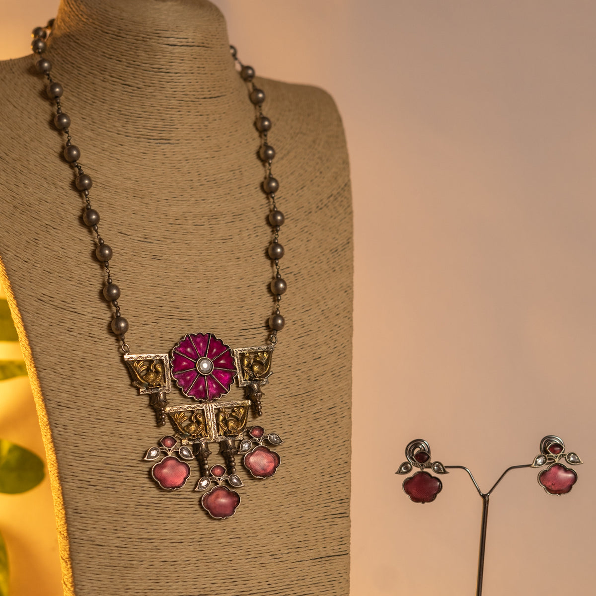 BLOSSOM HANDMADE RAW AND RUSTIC  BLOOM FAUX ANTIQUE DUAL TONE MALA WITH EARRINGS ML178