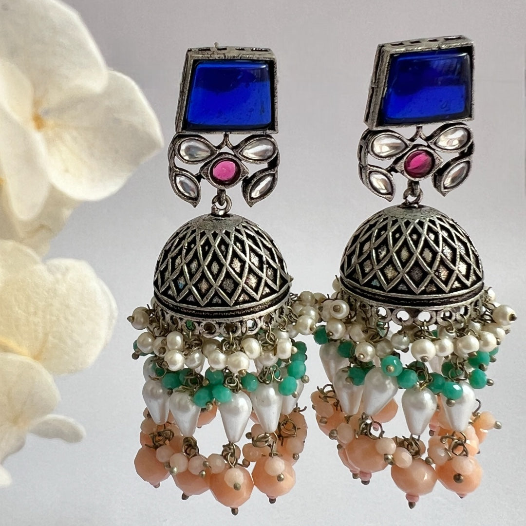 CUBIC CHARISMA SQUARE MONALISA STONE  SEMI-HANDMADE JHUMKA ER50