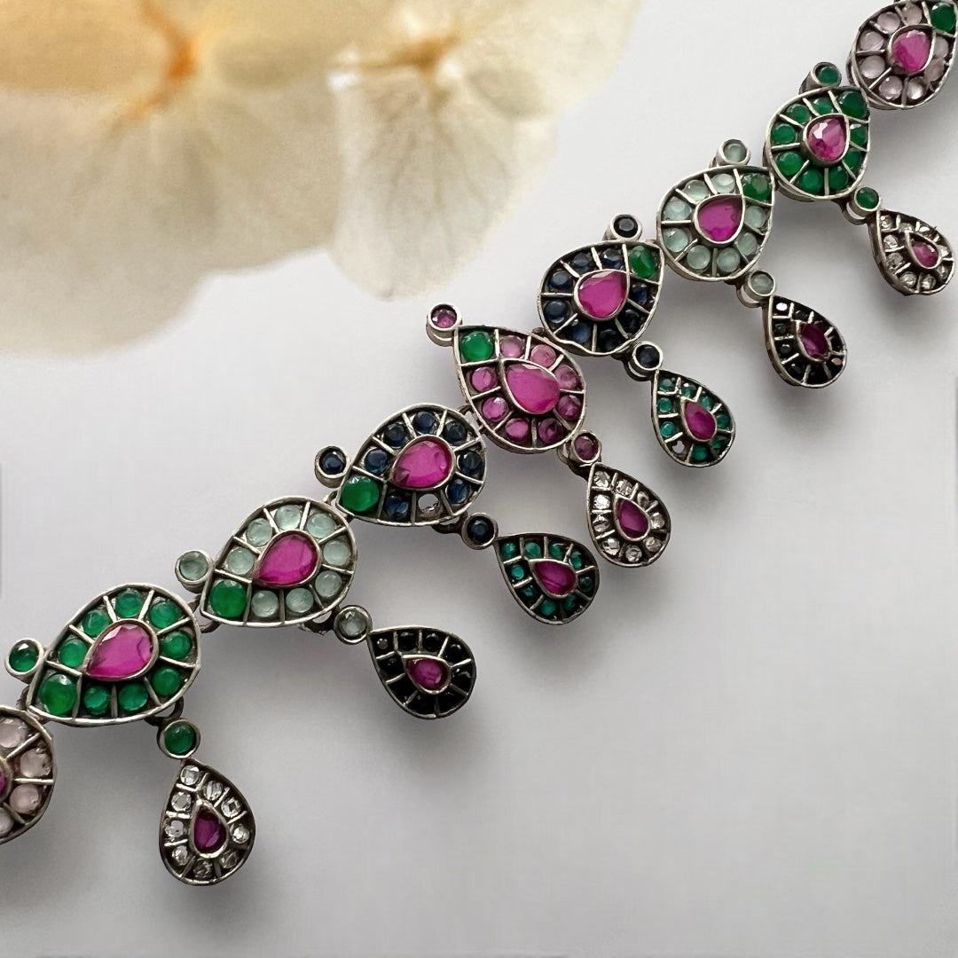 VISHIKA FAUX SILVER PREMIUM SEMI HANDMADE NECKLACE WITH EARRINGS NL130