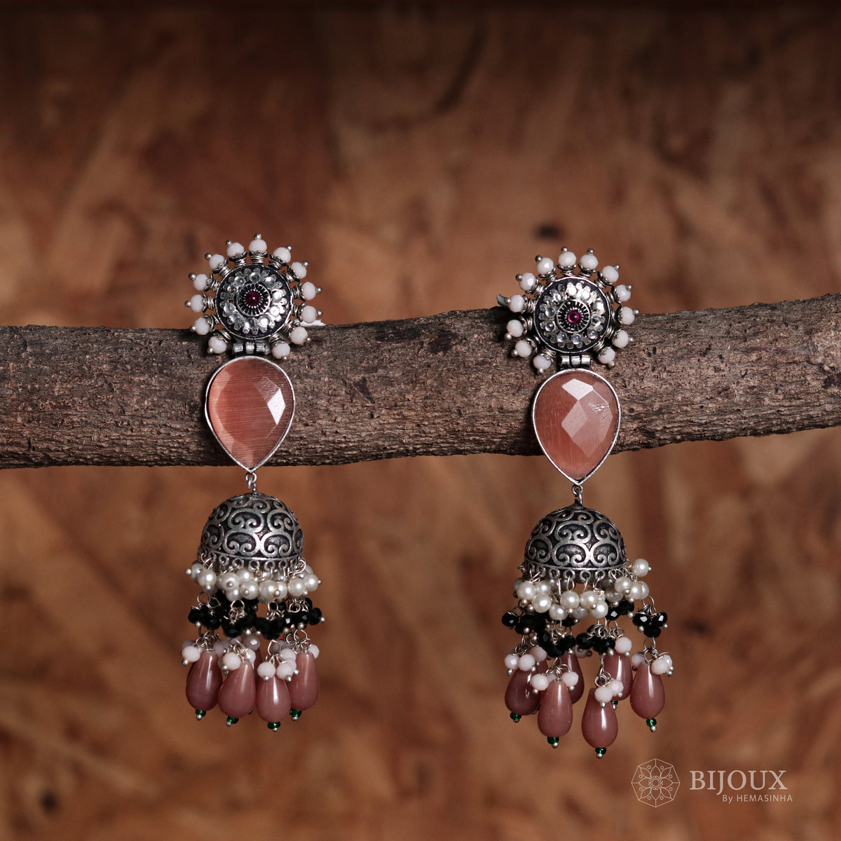 MOONLITE CASCADE MONALISA STONE SEMI-HANDMADE JHUMKA ER49