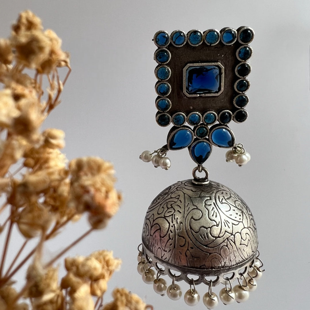 ROYAL SQUARE ELEGANCE FAUX SILVER SEMI-HANDMADE JHUMKAS ER36