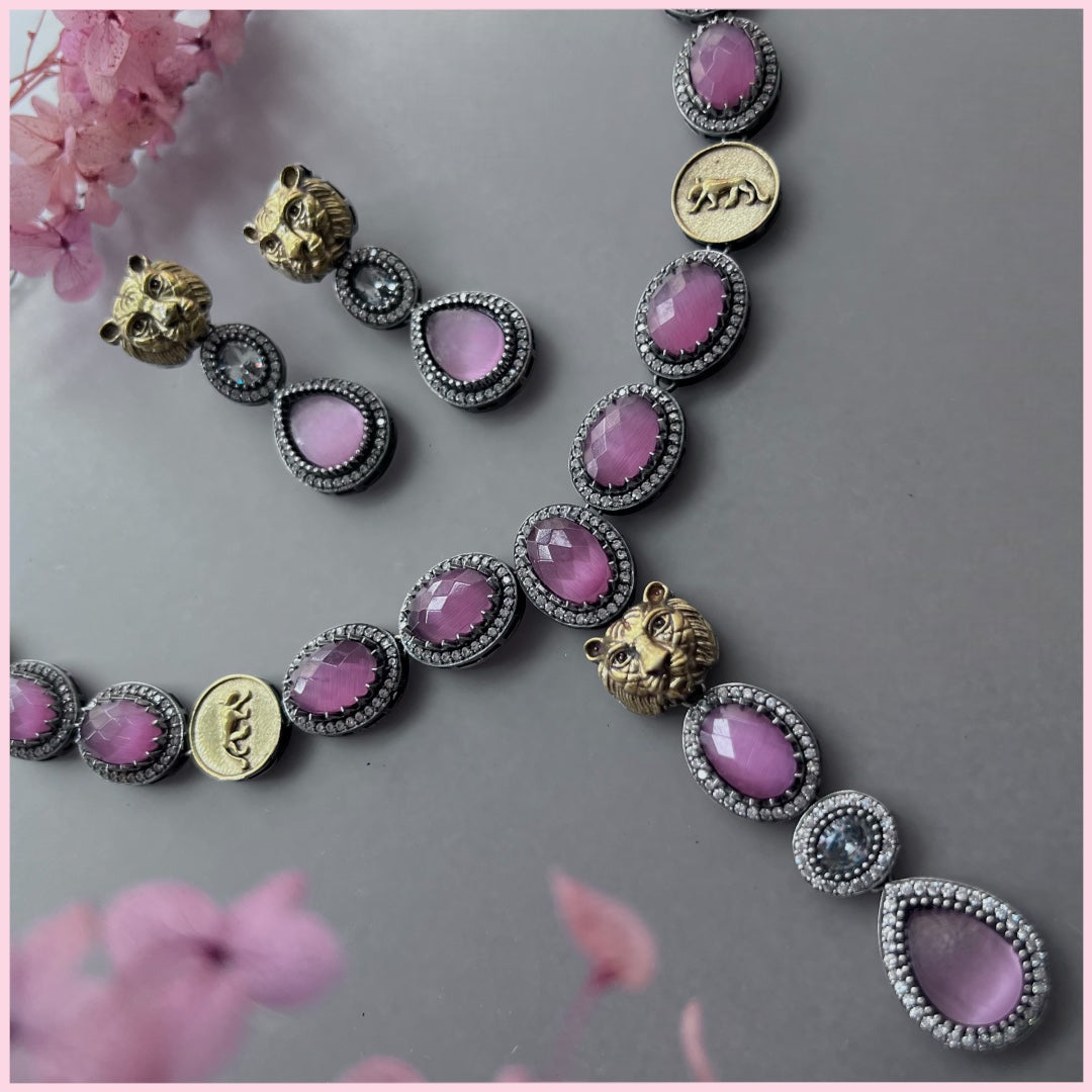 RIFONA FAUX SILVER BIJOUX PREMIUM AND EXCLUSIVE SEMI HANDMADE DUAL TONED NECKLACE WITH EARRINGS NL138