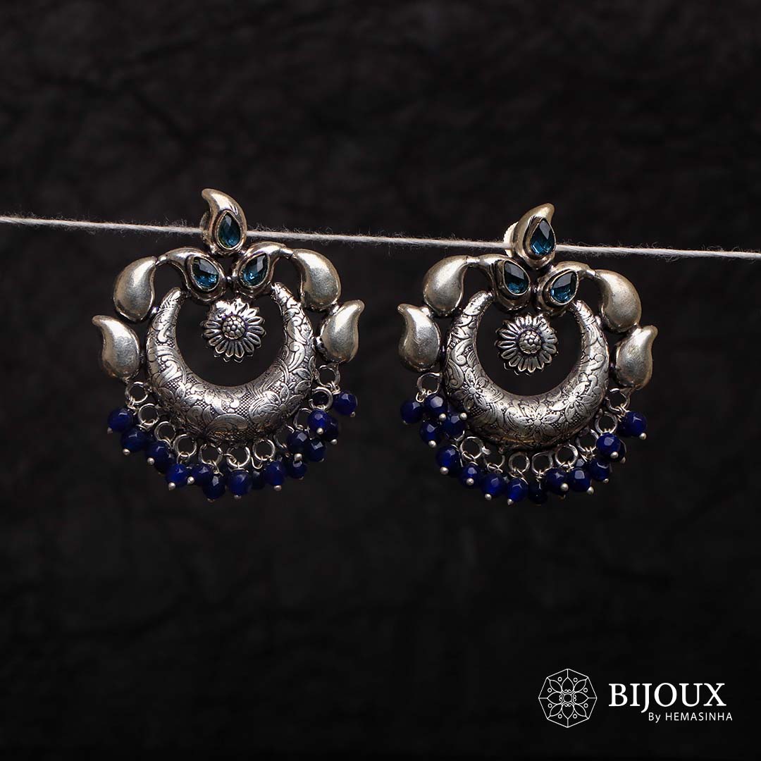 SERENITY  CARVED CIRCLETS SEMI HANDMADE BEADED OXIDIZED EARRING ER131