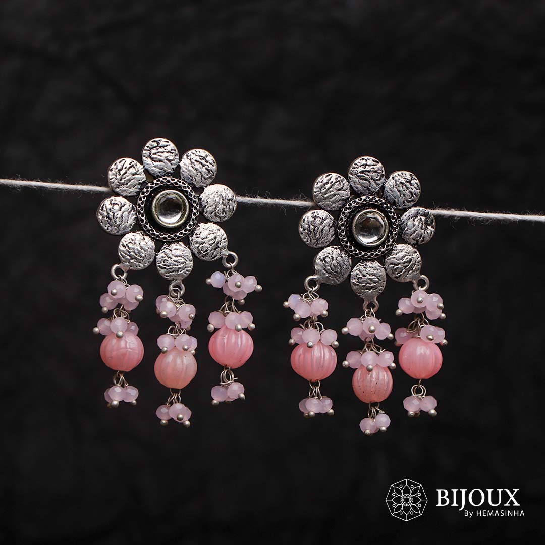 DAISY DISC PUMPKIN BEADED SEMI HANDMADE OXIDIZED EARRING ER132