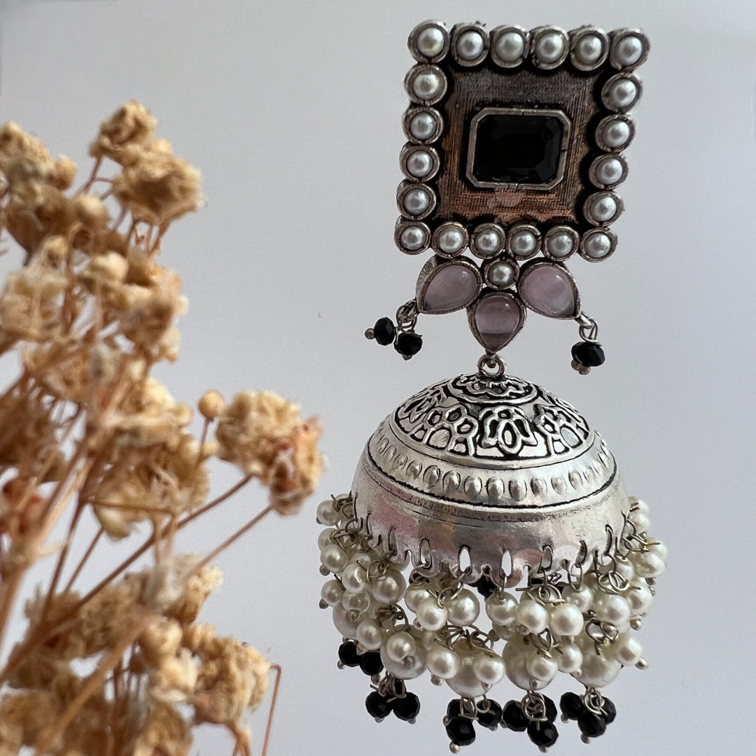 SQUARE SERENADE FAUX SILVER HANDMADE JHUMKAS ER37