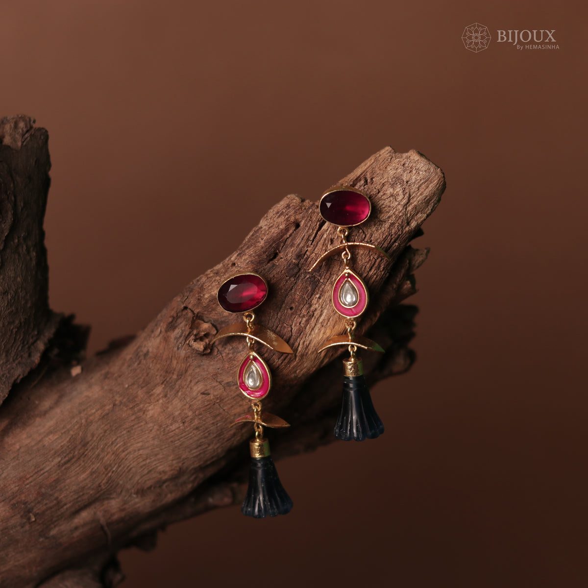 ENAMELLED CONICAL STONE DROPS WITH CRYSTAL HANDMADE AND HAND HAMMERED EARRINGS ER74